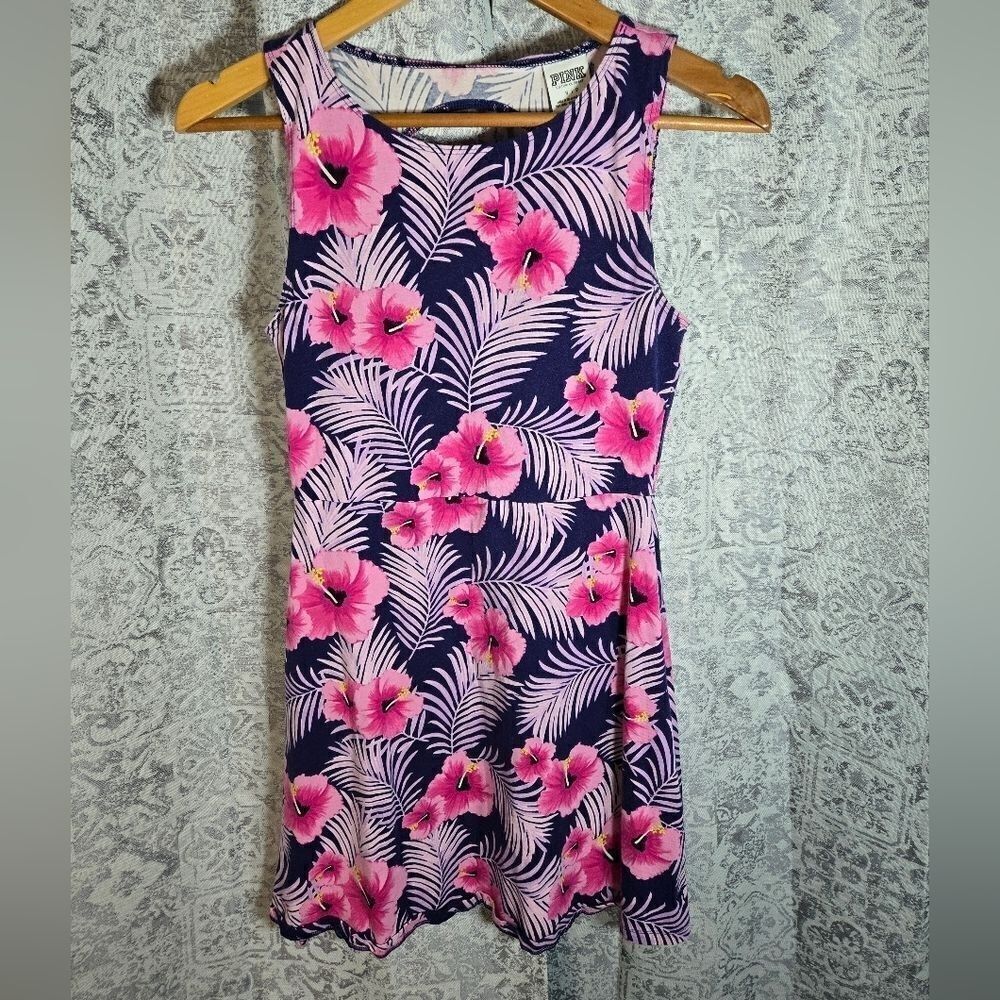 Victoria's Secret Pink Floral Palm Leaf Open Back A-Line Mini Skater Dress small